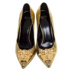 Versace Metallic Gold Textured Leather Medusa Pointed Toe Pumps Size 36 For Women -Versace Official Website luxury women versace used shoes p334171 002