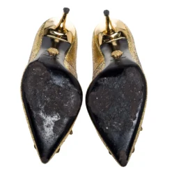 Versace Metallic Gold Textured Leather Medusa Pointed Toe Pumps Size 36 For Women -Versace Official Website luxury women versace used shoes p334171 004