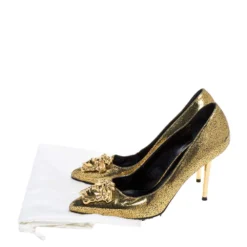 Versace Metallic Gold Textured Leather Medusa Pointed Toe Pumps Size 36 For Women -Versace Official Website luxury women versace used shoes p334171 005