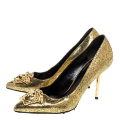 Versace Metallic Gold Textured Leather Medusa Pointed Toe Pumps Size 36 For Women -Versace Official Website luxury women versace used shoes p334171 006