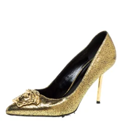 Versace Metallic Gold Textured Leather Medusa Pointed Toe Pumps Size 36 For Women