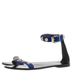 Versace Blue/Black Suede Medusa Stud Ankle Strap Flat Sandals Size 39 For Women -Versace Official Website luxury women versace used shoes p335673 001
