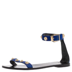 Versace Blue/Black Suede Medusa Stud Ankle Strap Flat Sandals Size 39 For Women