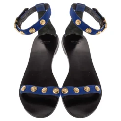 Versace Blue/Black Suede Medusa Stud Ankle Strap Flat Sandals Size 39 For Women -Versace Official Website luxury women versace used shoes p335673 005