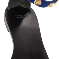 Versace Blue/Black Suede Medusa Stud Ankle Strap Flat Sandals Size 39 For Women -Versace Official Website luxury women versace used shoes p335673 1602182055 009