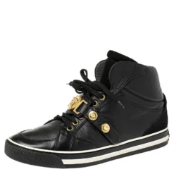 Versace Black Leather And Suede Medusa Strap High Top Sneakers Size 40 For Women