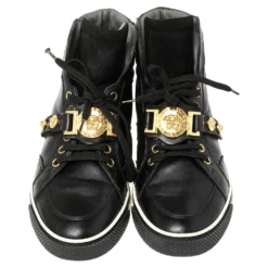 Versace Black Leather And Suede Medusa Strap High Top Sneakers Size 40 For Women -Versace Official Website luxury women versace used shoes p335961 009