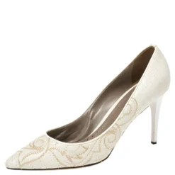Versace White Embroidered Quilted Leather Pointed Toe Pumps Size 39 For Women