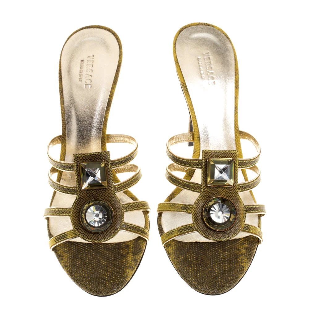 Versace Yellow Lizard Crystal Embellished Slide Sandals Size 38 For Women 3 Versace Yellow Lizard Crystal Embellished Slide Sandals Size 38 For Women - Image 3