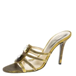 Versace Yellow Lizard Crystal Embellished Slide Sandals Size 38 For Women