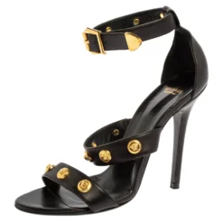 Versace Black Leather Medusa Studded Ankle Cuff Open Toe Sandals Size 37.5 For Women