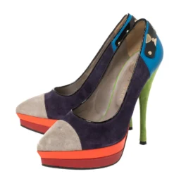 Versace Multicolor Block Suede And Leather Pointed Toe Platform Pumps Size 36.5 For Women -Versace Official Website luxury women versace used shoes p364596 009
