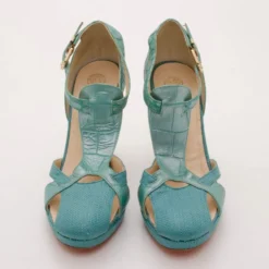Versace Teal Raffia Croc Stamped Wedge Sandals Size 39.5 For Women -Versace Official Website luxury women versace used shoes p37117 0003