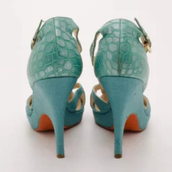 Versace Teal Raffia Croc Stamped Wedge Sandals Size 39.5 For Women -Versace Official Website luxury women versace used shoes p37117 0004