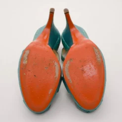 Versace Teal Raffia Croc Stamped Wedge Sandals Size 39.5 For Women -Versace Official Website luxury women versace used shoes p37117 0005