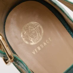Versace Teal Raffia Croc Stamped Wedge Sandals Size 39.5 For Women -Versace Official Website luxury women versace used shoes p37117 0007
