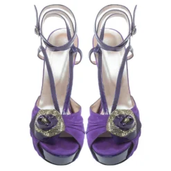 Versace Purple Suede And Patent Leather Floral Metal Mesh Platform Sandals Size 39 For Women -Versace Official Website luxury women versace used shoes p373383 001