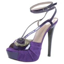 Versace Purple Suede And Patent Leather Floral Metal Mesh Platform Sandals Size 39 For Women