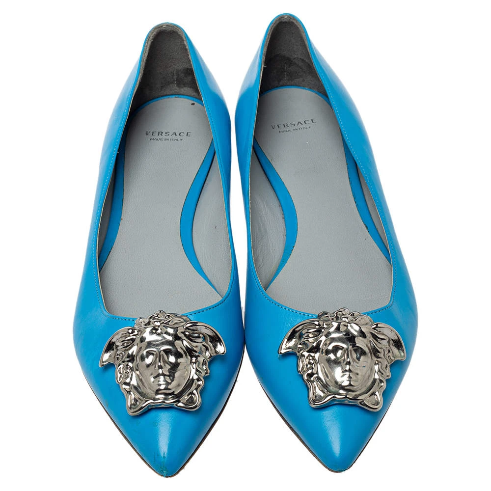 Versace Blue Leather Medusa Pointed Toe Ballet Flats Size 41 For Women 3 Versace Blue Leather Medusa Pointed Toe Ballet Flats Size 41 For Women - Image 3