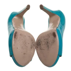 Versace Sky Blue Patent Leather Slip On Peep Toe Platform Pumps Size 41 For Women -Versace Official Website luxury women versace used shoes p390638 001