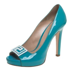 Versace Sky Blue Patent Leather Slip On Peep Toe Platform Pumps Size 41 For Women