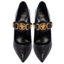 Versace Black Leather Medusa Embellished Mary Jane Pumps Size 40 For Women -Versace Official Website luxury women versace used shoes p401713 001