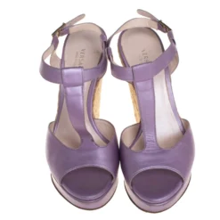 Versace Metallic Purple Leather Wedge Sandals Size 37 For Women -Versace Official Website luxury women versace used shoes p405425 003