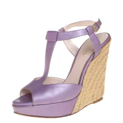 Versace Metallic Purple Leather Wedge Sandals Size 37 For Women