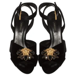 Versace Black Velvet Medusa Embellished Criss Criss Ankle Strap Sandals Size 39.5 For Women -Versace Official Website luxury women versace used shoes p408689 001