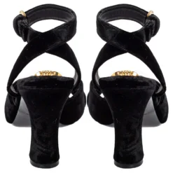 Versace Black Velvet Medusa Embellished Criss Criss Ankle Strap Sandals Size 39.5 For Women -Versace Official Website luxury women versace used shoes p408689 003