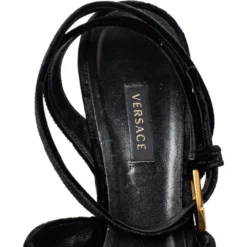 Versace Black Velvet Medusa Embellished Criss Criss Ankle Strap Sandals Size 39.5 For Women -Versace Official Website luxury women versace used shoes p408689 004