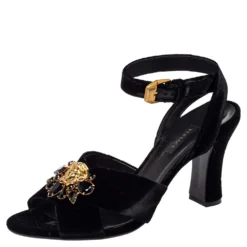 Versace Black Velvet Medusa Embellished Criss Criss Ankle Strap Sandals Size 39.5 For Women