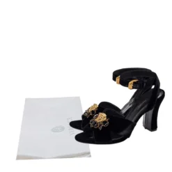 Versace Black Velvet Medusa Embellished Criss Criss Ankle Strap Sandals Size 39.5 For Women -Versace Official Website luxury women versace used shoes p408689 1616816084 008