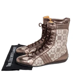 Versace Metallic Bronze Leather And Monogram Fabric High Top Sneakers Size 39 For Women -Versace Official Website luxury women versace used shoes p411128 001