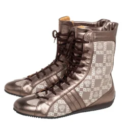 Versace Metallic Bronze Leather And Monogram Fabric High Top Sneakers Size 39 For Women -Versace Official Website luxury women versace used shoes p411128 002