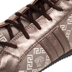 Versace Metallic Bronze Leather And Monogram Fabric High Top Sneakers Size 39 For Women -Versace Official Website luxury women versace used shoes p411128 005