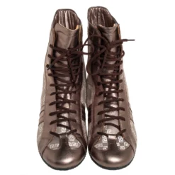 Versace Metallic Bronze Leather And Monogram Fabric High Top Sneakers Size 39 For Women -Versace Official Website luxury women versace used shoes p411128 006