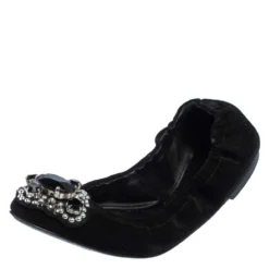 Versace Black Suede Embellished Scrunch Ballet Flats Size 36 For Women