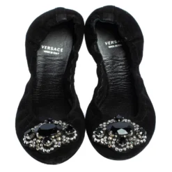 Versace Black Suede Embellished Scrunch Ballet Flats Size 36 For Women -Versace Official Website luxury women versace used shoes p414821 007