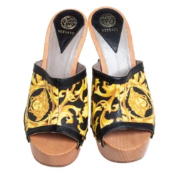 Versace Black/Yellow Barocco Printed Leather Clog Platform Sandals Size 36 For Women -Versace Official Website luxury women versace used shoes p418974 006