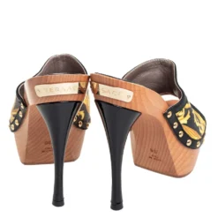Versace Black/Yellow Barocco Printed Leather Clog Platform Sandals Size 36 For Women -Versace Official Website luxury women versace used shoes p418974 007