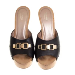 Versace Black Leather Slide Sandals Size 37 For Women -Versace Official Website luxury women versace used shoes p420926 004