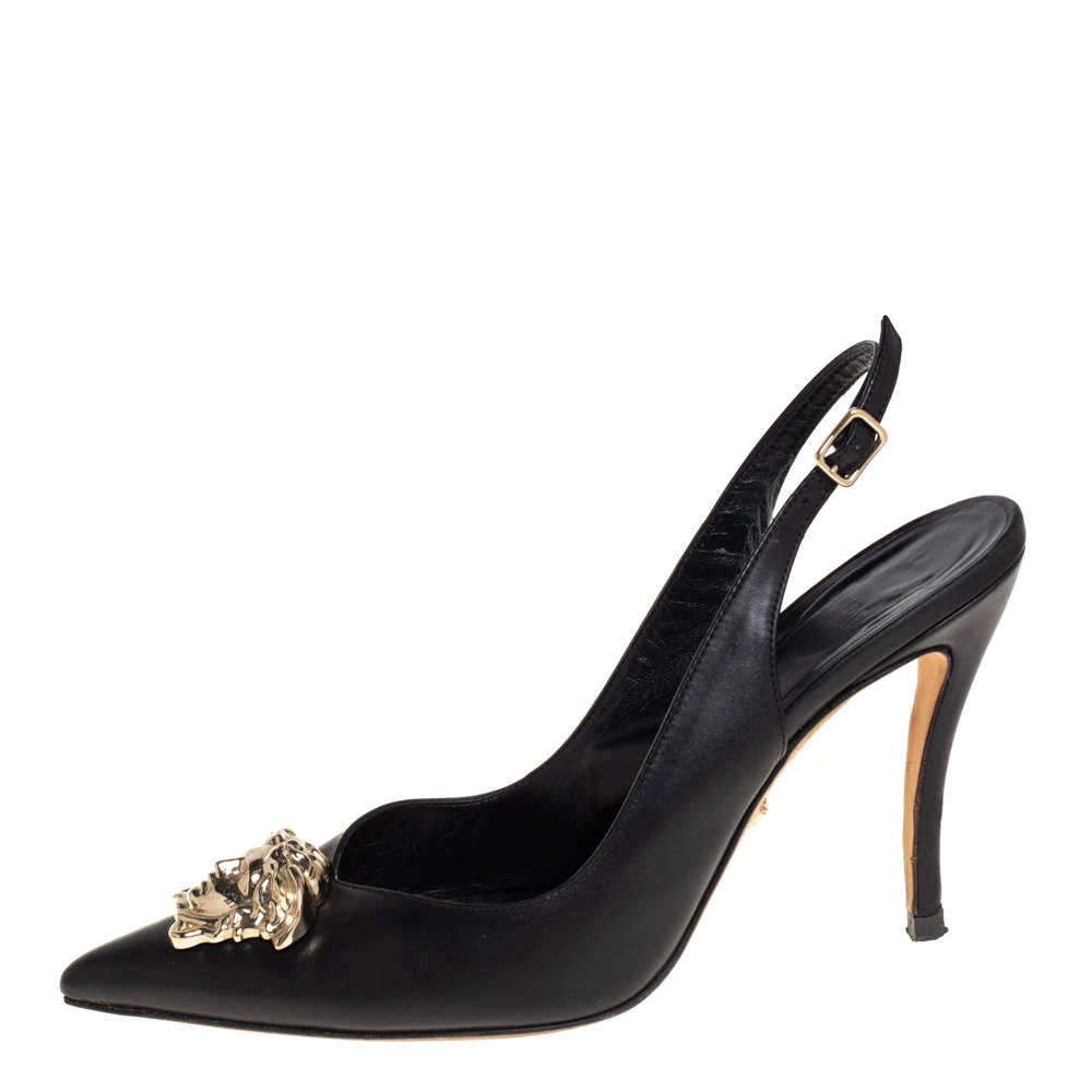 Versace Black Leather Palazzo Medusa Slingback Pumps Size 37.5 For Women 2 Versace Black Leather Palazzo Medusa Slingback Pumps Size 37.5 For Women - Image 2