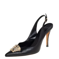 Versace Black Leather Palazzo Medusa Slingback Pumps Size 37.5 For Women