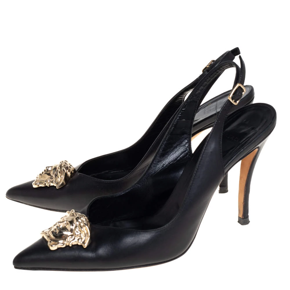 Versace Black Leather Palazzo Medusa Slingback Pumps Size 37.5 For Women 4 Versace Black Leather Palazzo Medusa Slingback Pumps Size 37.5 For Women - Image 4
