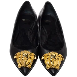 Versace Black Leather Medusa Pointed Toe Ballet Flats Size 38 For Women -Versace Official Website luxury women versace used shoes p429713 003