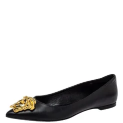 Versace Black Leather Medusa Pointed Toe Ballet Flats Size 38 For Women