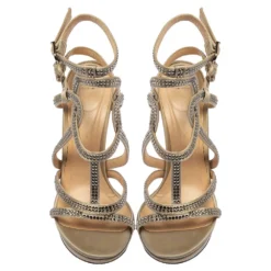 Versace Grey Satin Crystal Embellished Ankle Strap Sandals Size 37 For Women -Versace Official Website luxury women versace used shoes p437398 005
