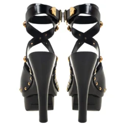 Versace Black Leather Medusa Embellished Ankle Wrap Platform Sandals Size 37 For Women -Versace Official Website luxury women versace used shoes p442204 001