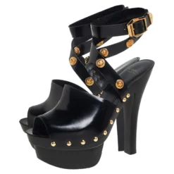 Versace Black Leather Medusa Embellished Ankle Wrap Platform Sandals Size 37 For Women -Versace Official Website luxury women versace used shoes p442204 002